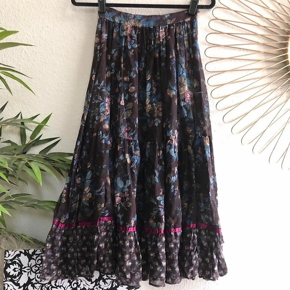 1970s Jessica Gunne Sax Floral Cottagecore Tiered Ruffle Maxi Skirt Pilgrim Boho